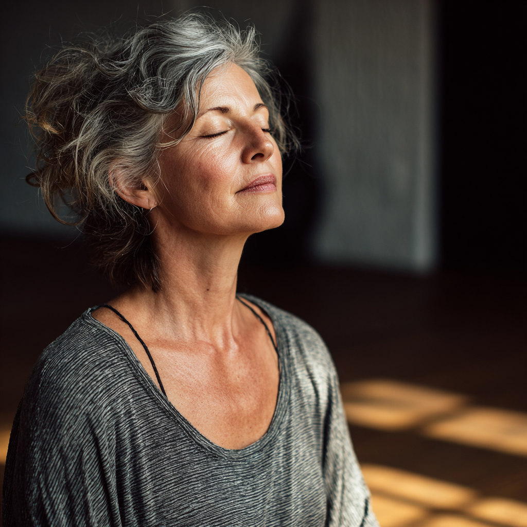 Mature woman practicing mindful breathing in serene yoga studio