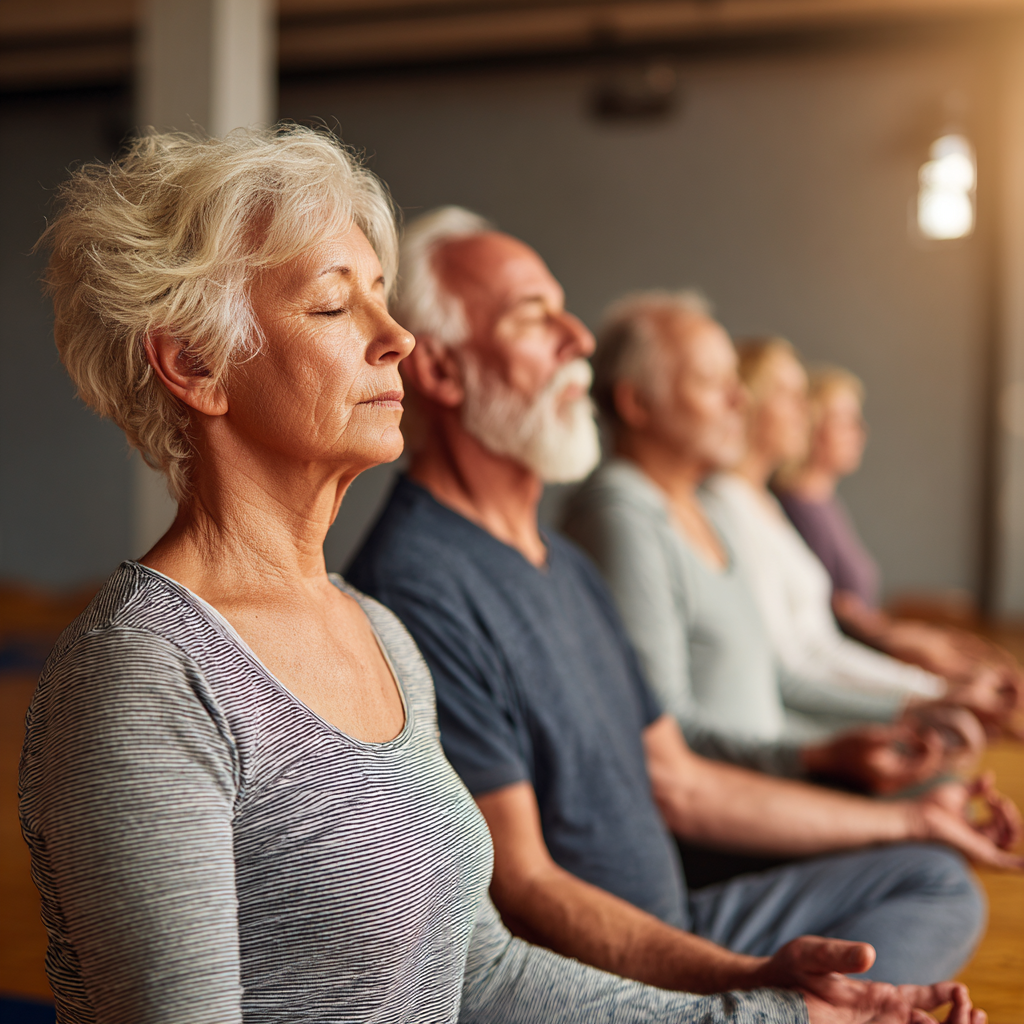 Senior adults in peaceful meditation pose during yoga session